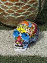 Halloween Skull Decor for Trick or Treat or Halloween Party, Holiday Decor or Seasonal Yard Decor, Handmade Mexican Talavera Pottery 9.5" H