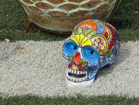 Halloween Skull Decor for Trick or Treat or Halloween Party, Holiday Decor or Seasonal Yard Decor, Handmade Mexican Talavera Pottery 9.5" H