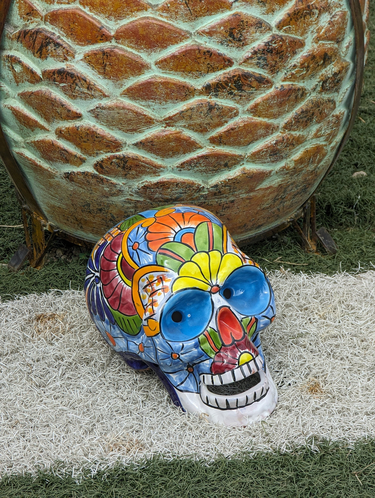 Halloween Skull Decor for Trick or Treat or Halloween Party, Holiday Decor or Seasonal Yard Decor, Handmade Mexican Talavera Pottery 9.5" H