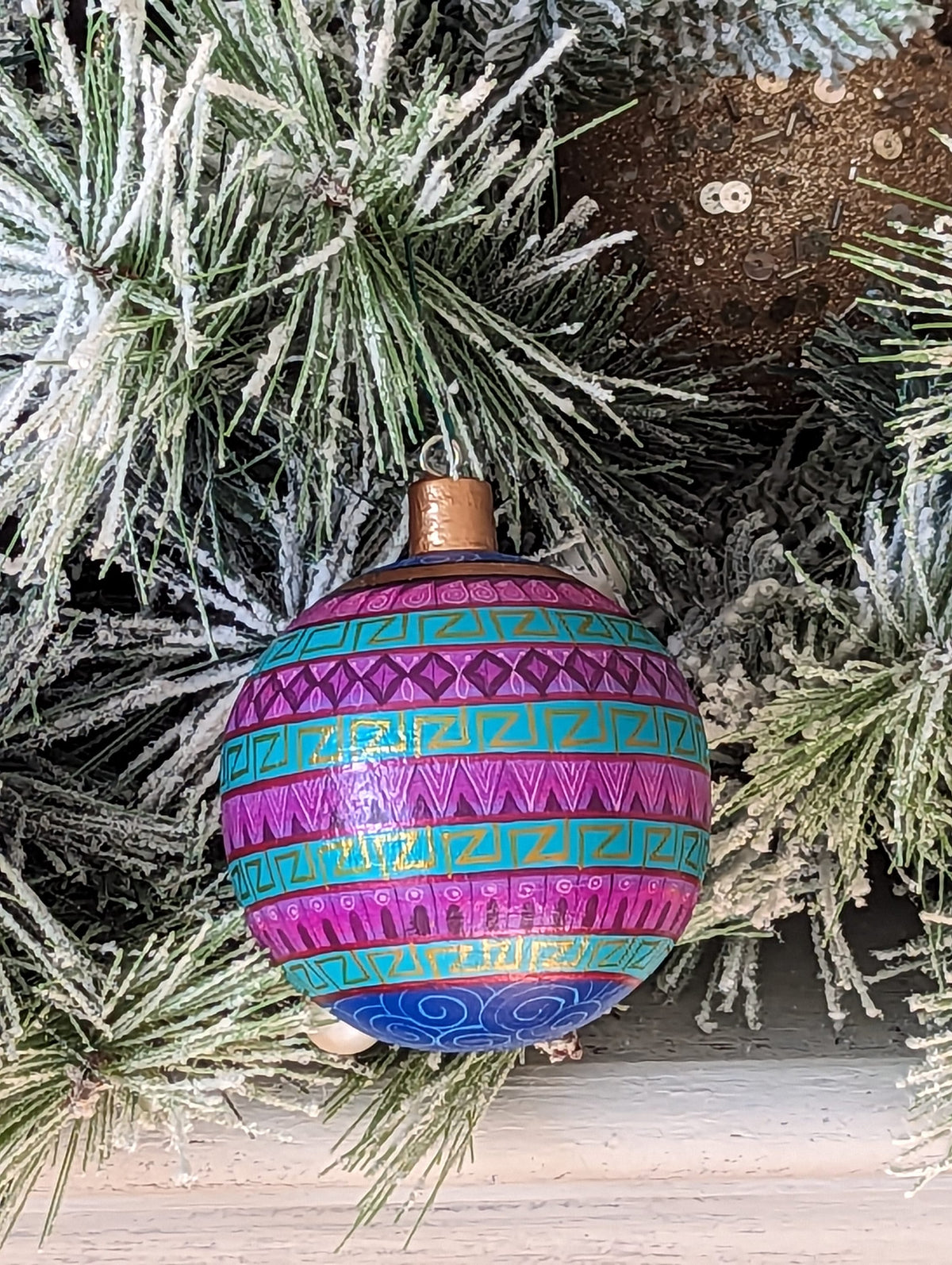 Christmas Tree Ornaments, Hand Painted Wood Ornament for Christmas Tree is Mexican Christmas Decor of festive holiday patterns & bold colors