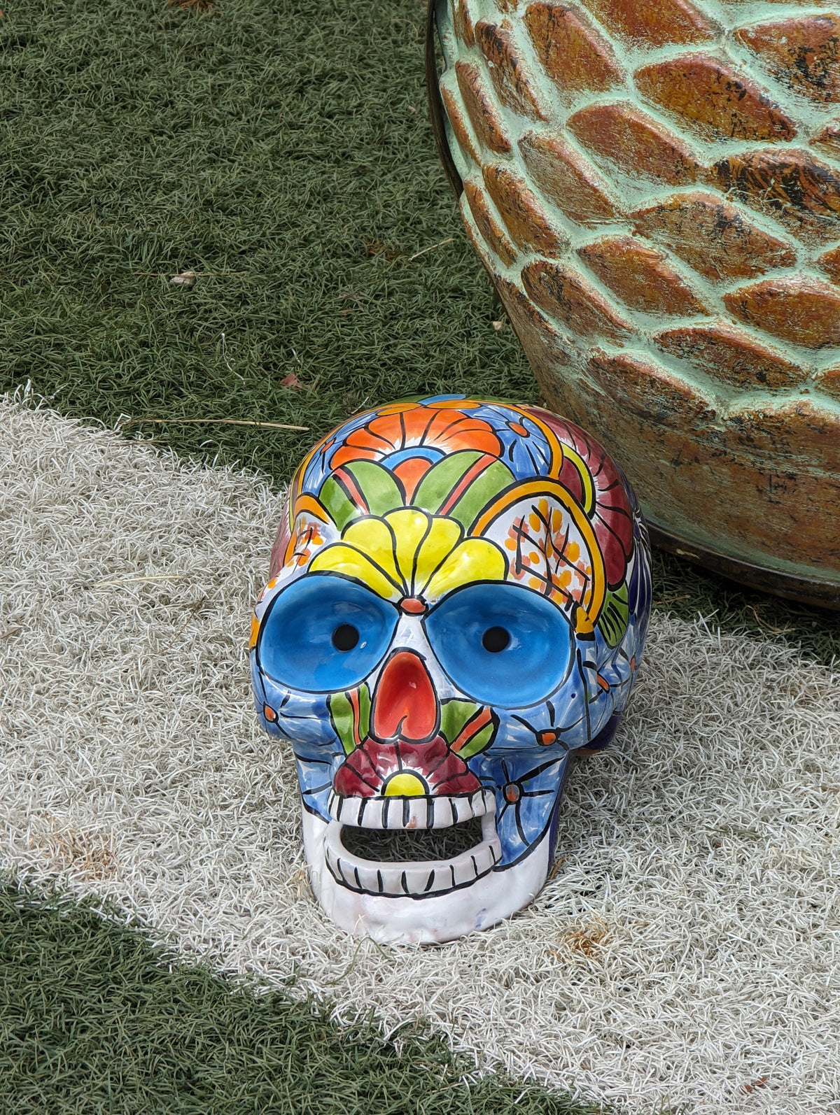 Halloween Skull Decor for Trick or Treat or Halloween Party, Holiday Decor or Seasonal Yard Decor, Handmade Mexican Talavera Pottery 9.5" H