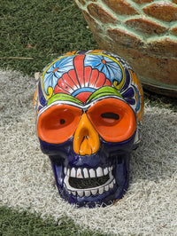 Halloween Skull Decor for Trick or Treat or Halloween Party, Holiday Decor or Seasonal Yard Decor, Handmade Mexican Talavera Pottery 9.5" H