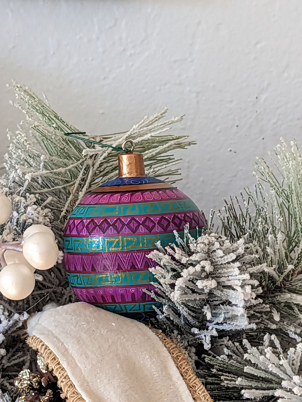 Christmas Tree Ornaments, Hand Painted Wood Ornament for Christmas Tree is Mexican Christmas Decor of festive holiday patterns & bold colors
