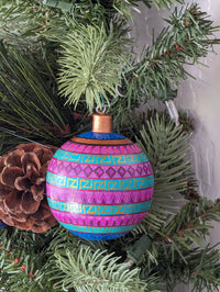 Christmas Tree Ornaments, Hand Painted Wood Ornament for Christmas Tree is Mexican Christmas Decor of festive holiday patterns & bold colors