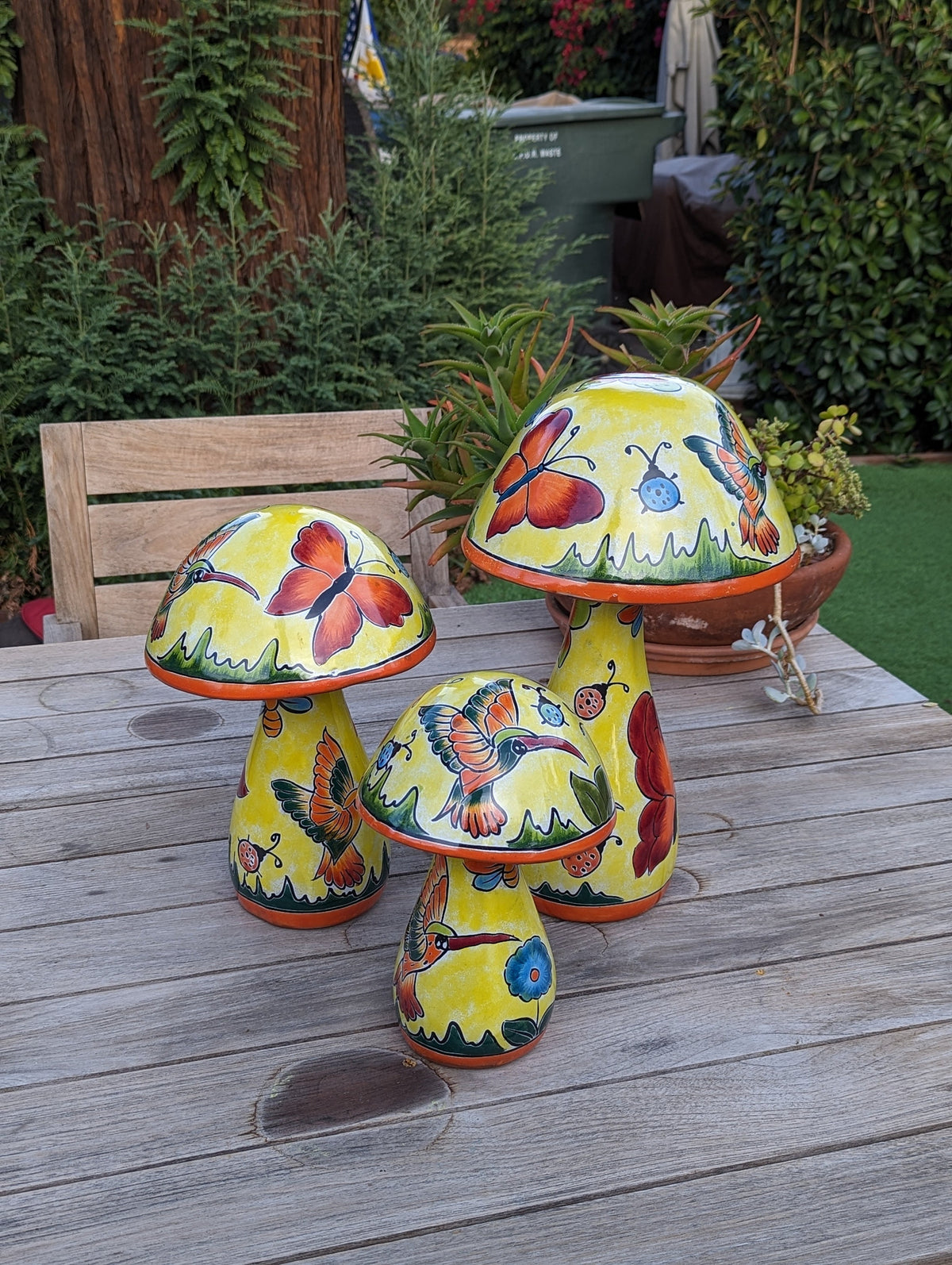 Pre-Order | Mushroom Garden Decor Yard Art is Ceramic Talavera Pottery Showcasing 3 Toadstools with Hummingbirds & Butterflies | Ships 3-25