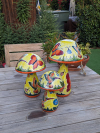 Pre-Order | Mushroom Garden Decor Yard Art is Ceramic Talavera Pottery Showcasing 3 Toadstools with Hummingbirds & Butterflies | Ships 3-25