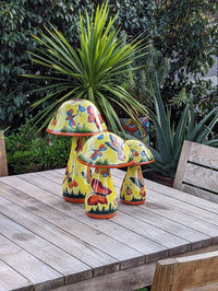 Pre-Order | Mushroom Garden Decor Yard Art is Ceramic Talavera Pottery Showcasing 3 Toadstools with Hummingbirds & Butterflies | Ships 3-25