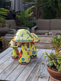 Pre-Order | Mushroom Garden Decor Yard Art is Ceramic Talavera Pottery Showcasing 3 Toadstools with Hummingbirds & Butterflies | Ships 3-25