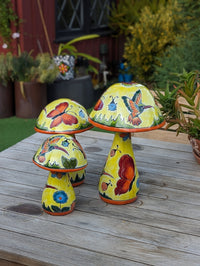 Pre-Order | Mushroom Garden Decor Yard Art is Ceramic Talavera Pottery Showcasing 3 Toadstools with Hummingbirds & Butterflies | Ships 3-25