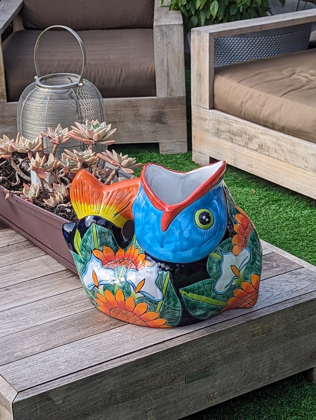 Talavera Whale Planter is Hand Painted Ceramic Mexican Pottery | Large Fish Planter Pot for Yard Art & Outdoor Garden Decor
