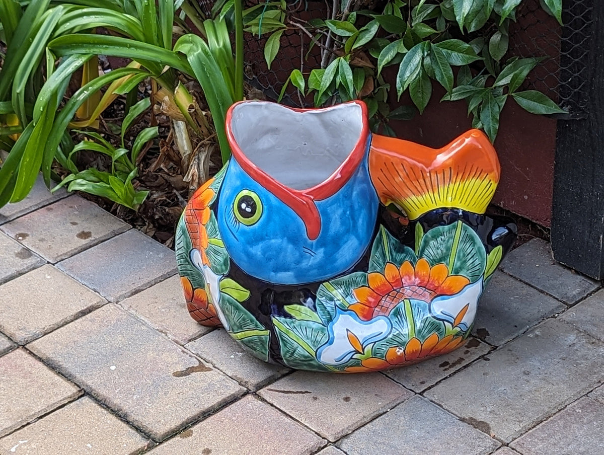 Talavera Whale Planter is Hand Painted Ceramic Mexican Pottery | Large Fish Planter Pot for Yard Art & Outdoor Garden Decor