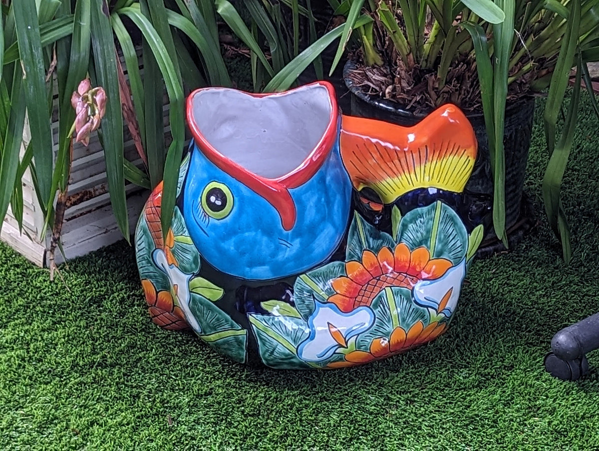 Talavera Whale Planter is Hand Painted Ceramic Mexican Pottery | Large Fish Planter Pot for Yard Art & Outdoor Garden Decor