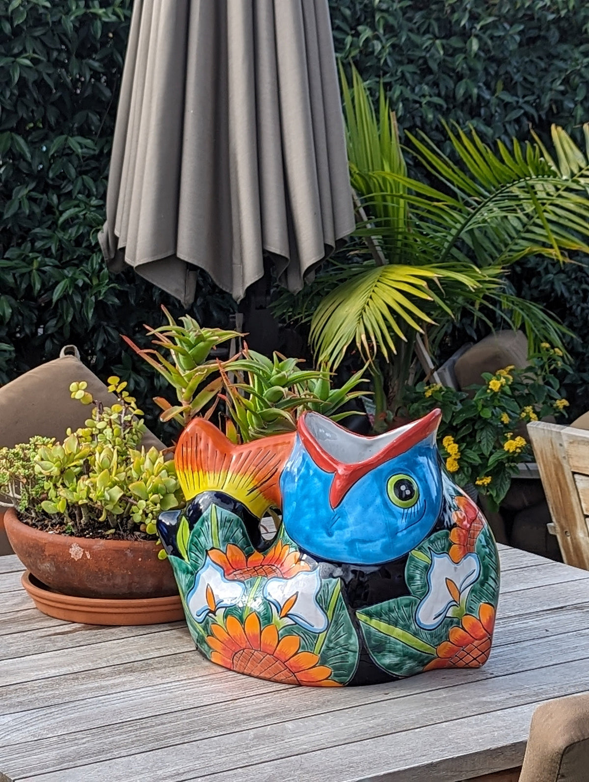 Talavera Whale Planter is Hand Painted Ceramic Mexican Pottery | Large Fish Planter Pot for Yard Art & Outdoor Garden Decor