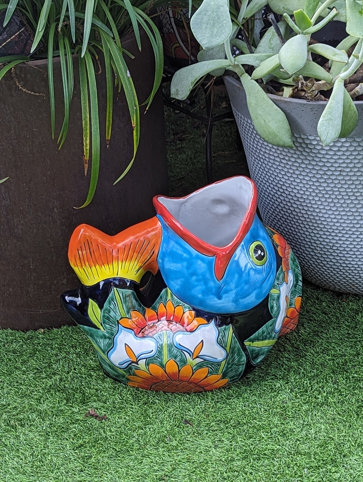 Talavera Whale Planter is Hand Painted Ceramic Mexican Pottery | Large Fish Planter Pot for Yard Art & Outdoor Garden Decor
