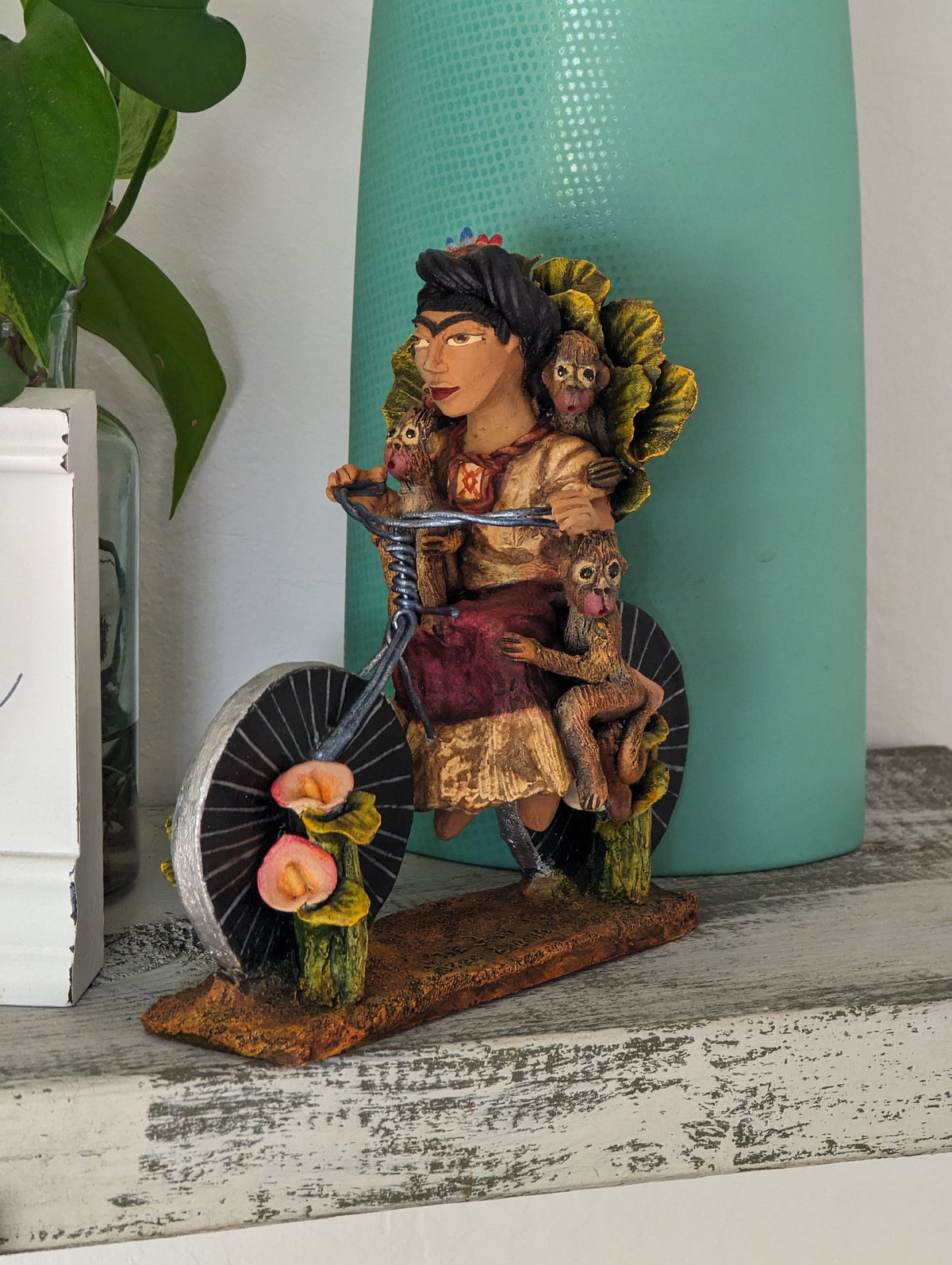 Handmade Gift | Woman on Bicycle with 4 Monkeys Original Art & Clay Figurine, Unique Home Decor from Oaxaca, Mexico by Jose Juan Aguilar