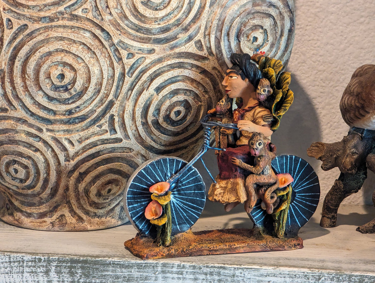 Handmade Gift Woman on Bicycle with 4 Monkeys Original Art & Clay Figurine Unique Home Decor from Oaxaca, Mexico by Jose Juan Aguilar 