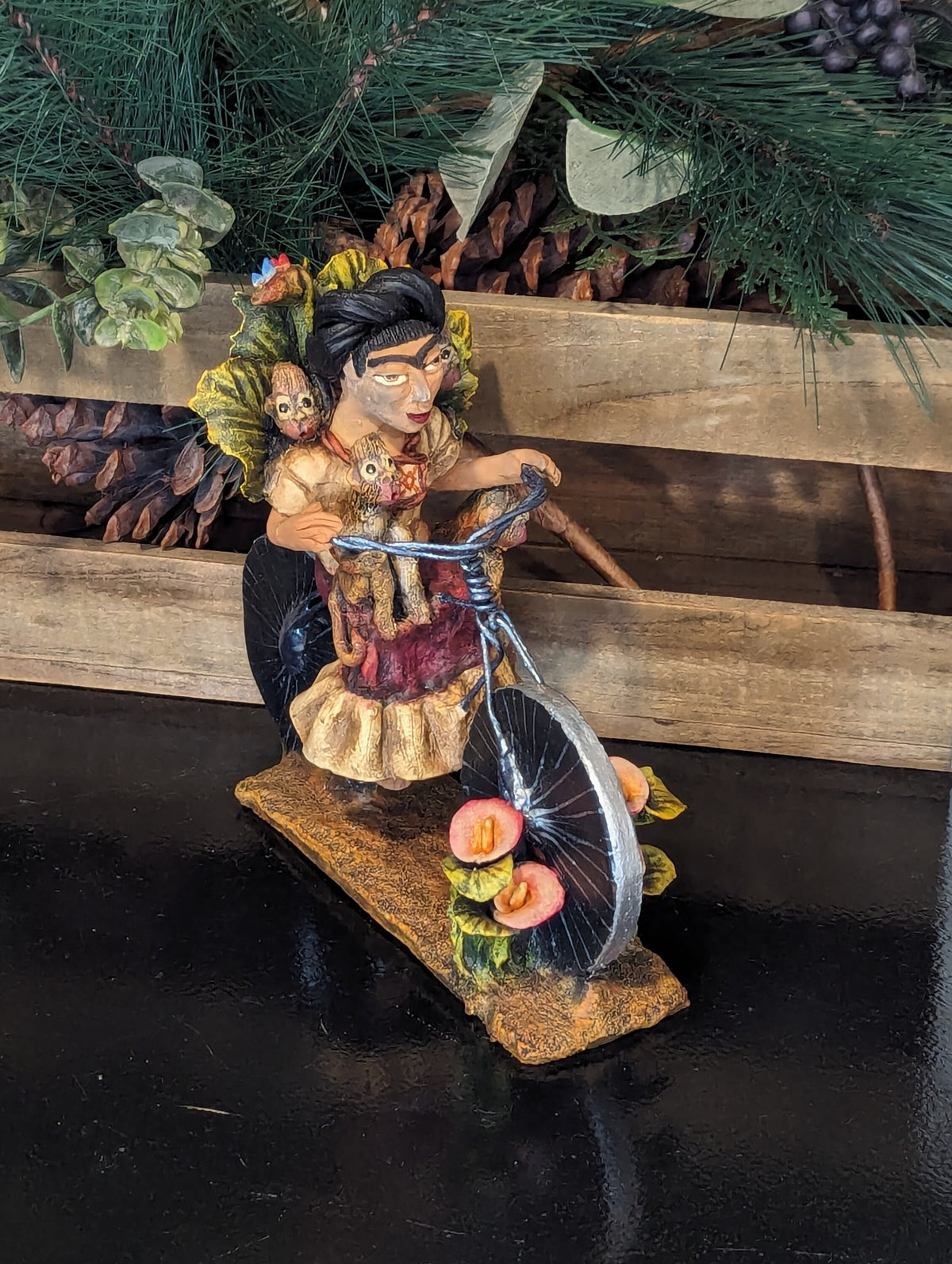Handmade Gift | Woman on Bicycle with 4 Monkeys Original Art & Clay Figurine, Unique Home Decor from Oaxaca, Mexico by Jose Juan Aguilar