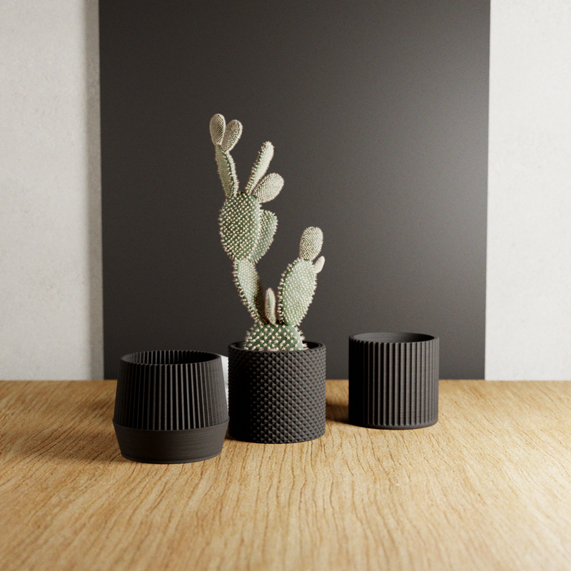 Bamboo Succulent Planter Set With Drip Tray | Unique Flower Pot, Home Decor Housewarming Gift for Her | Midnight Black