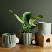 Bamboo Succulent Planter Set With Drip Tray | Unique Flower Pot, Home Decor Housewarming Gift for Her | Muted Green