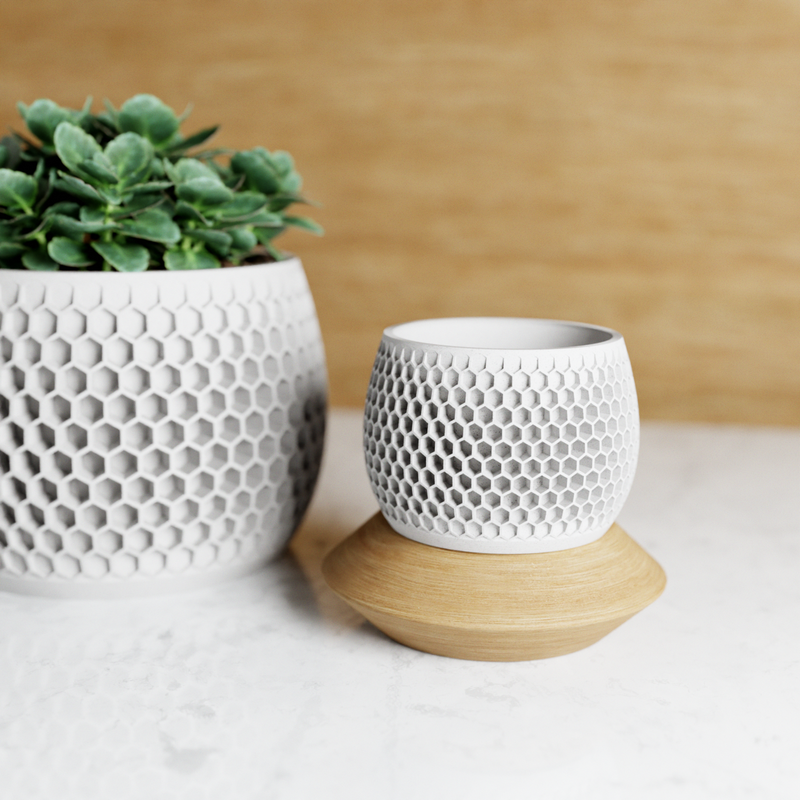 Honeycomb Succulent Planter With Drip Tray, Unique Flower Pot Home Decor, Housewarming Gift for Her, Medium, Natural Wood