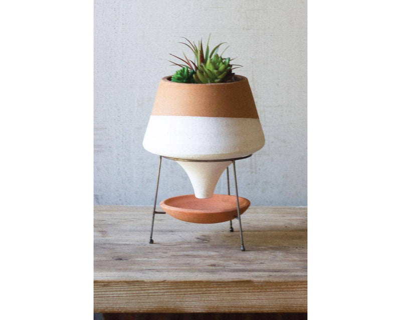 Natural & White Terracotta Funnel Planter with Wire Base, Indoor Flower Pot Housewarming Gift for Her