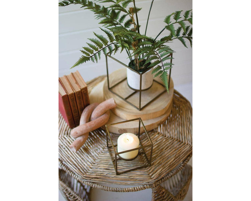 Set of Two Square Antique Brass Pillar Candle Holders or Flower Pot, Home Decor Housewarming Gift for Her 