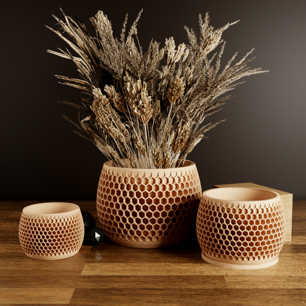 Honeycomb Succulent Planter With Drip Tray, Unique Flower Pot Home Decor, Housewarming Gift for Her, Medium, Natural Wood