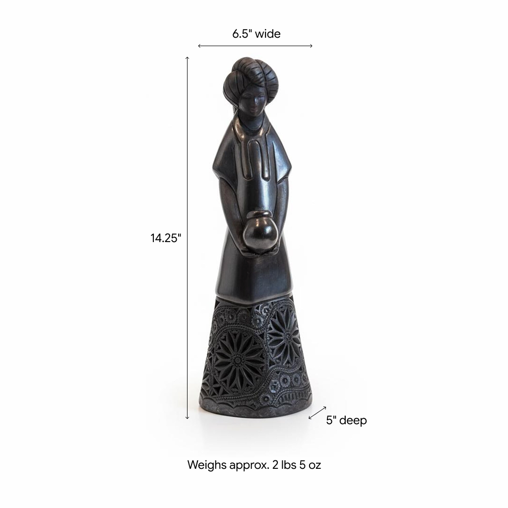 Young Woman Holding a Pot Black Clay Home Decor, Stunning Barro Negro Figurine Handmade Mexican Pottery from San Bartolo near Oaxaca, Mexico