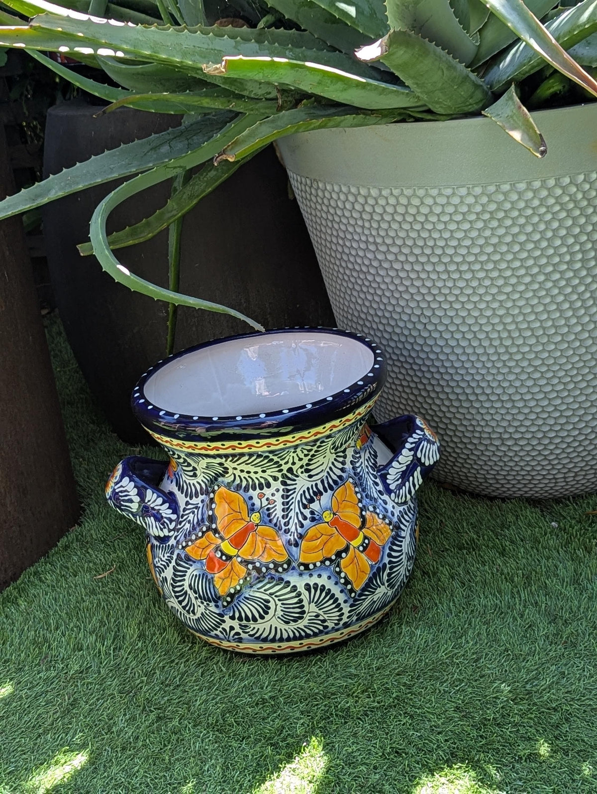 Butterfly Flower Pot & Yard Art is 10.5" Round Talavera Ceramic Planter, Handmade Pottery for Outdoor Garden Decor or Home Decor