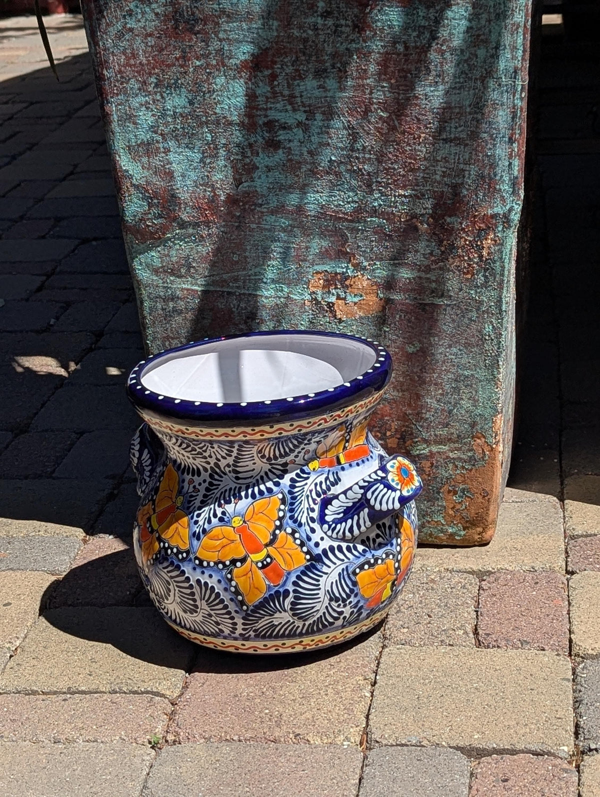 Butterfly Flower Pot & Yard Art is 10.5" Round Talavera Ceramic Planter, Handmade Pottery for Outdoor Garden Decor or Home Decor