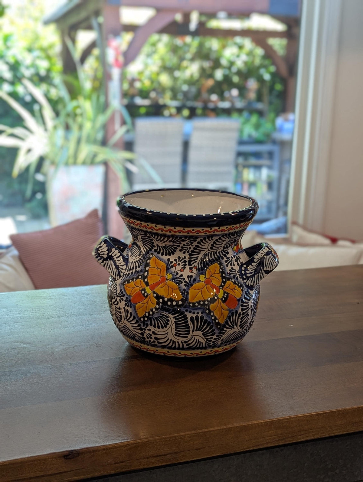 Butterfly Flower Pot & Yard Art is 10.5" Round Talavera Ceramic Planter, Handmade Pottery for Outdoor Garden Decor or Home Decor