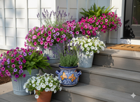 Colorful potted flowers on a wooden deck