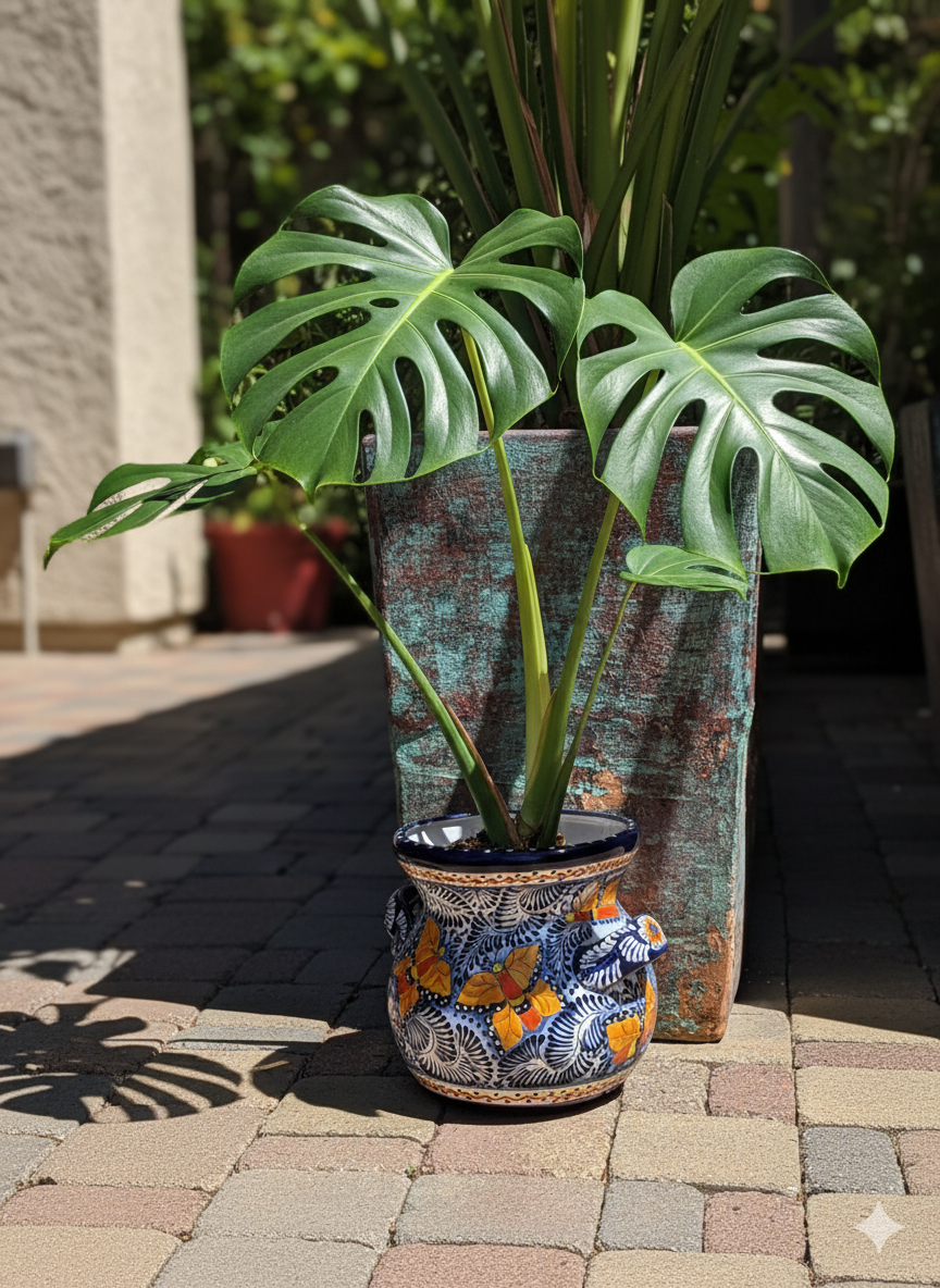 Tropical plant in a decorative pot on a patio