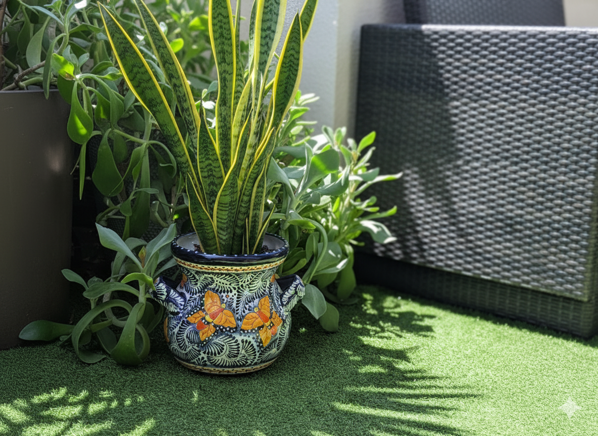 Potted snake plant with decorative pot on a green surface