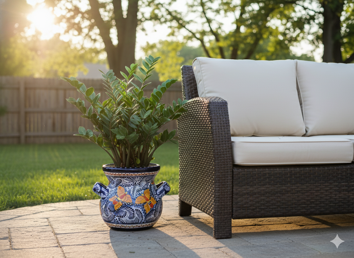 Potted plant next to a wicker outdoor sofa with white cushions on a patio.