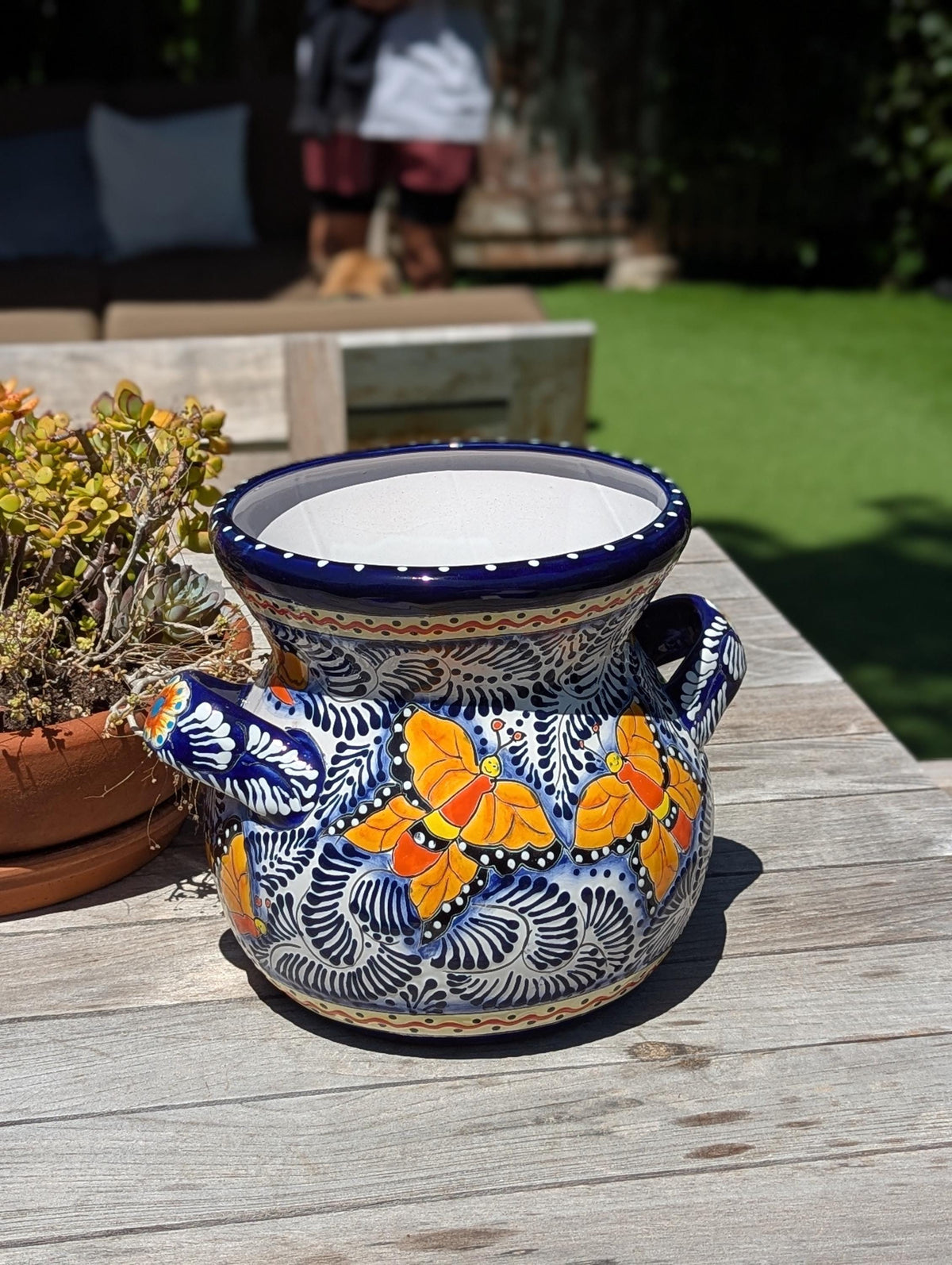 Butterfly Flower Pot & Yard Art is 10.5" Round Talavera Ceramic Planter, Handmade Pottery for Outdoor Garden Decor or Home Decor