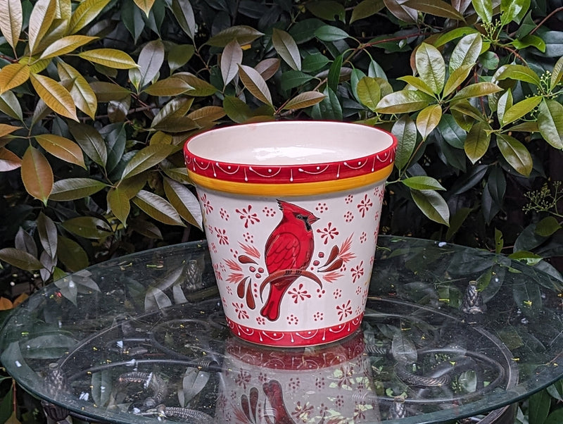 Cardinal Flower Pot | 10.5"Round Ceramic Planter is Handmade Mexican Pottery - Use as Outdoor Garden Decor, Indoor Home Decor, Centerpiece