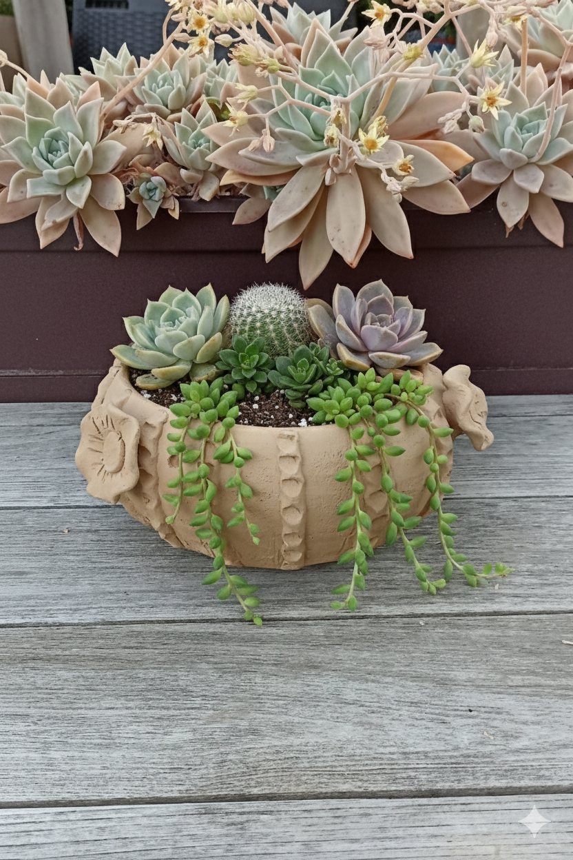 Decorative pot with succulents and a cactus on a wooden surface