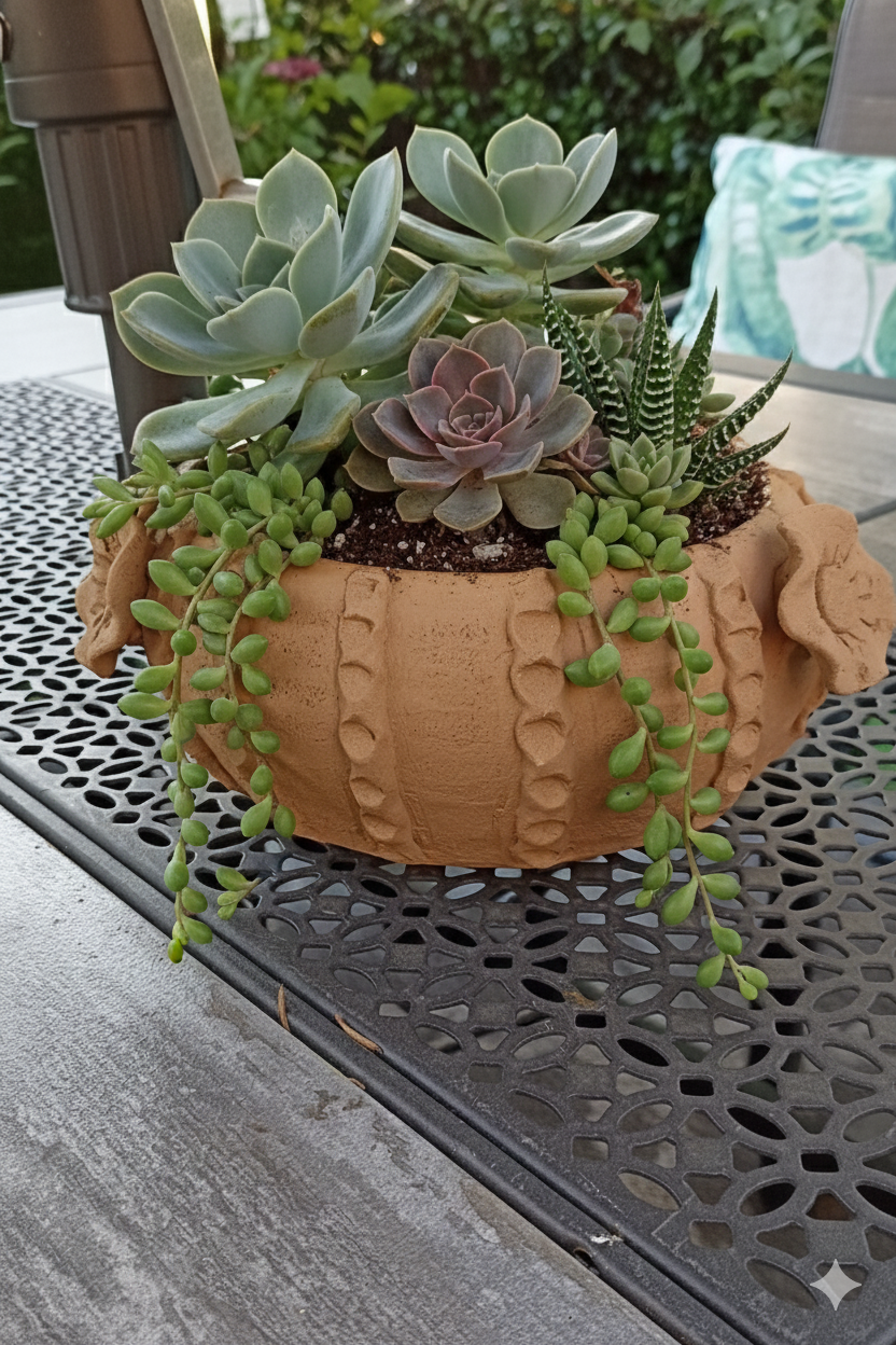 Ceramic turtle planter with succulents on a metal table outdoors