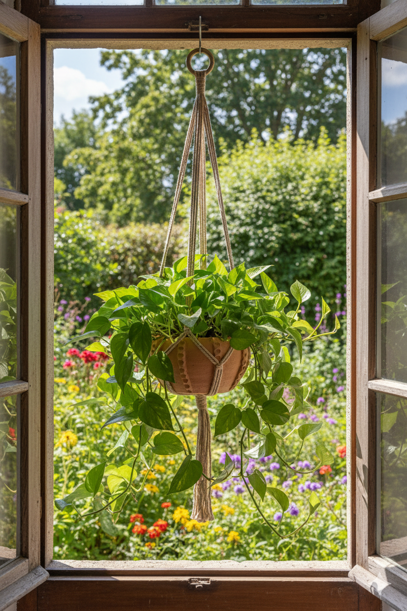 Hanging plant in a garden viewed through an open window