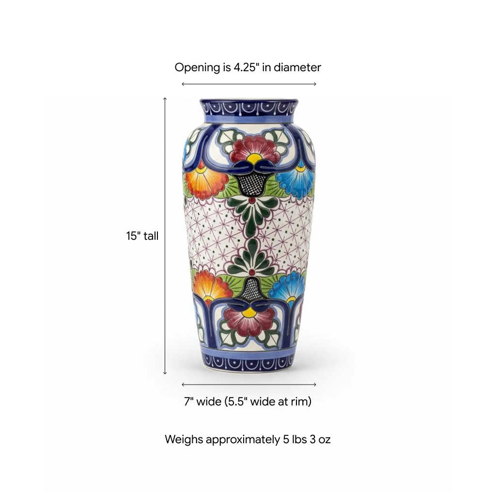 Ceramic Talavera Vase is Exquisite Handmade Mexican Pottery | Decorative Flower Vase is Gorgeous Centerpiece for Home Decor or Yard Decor