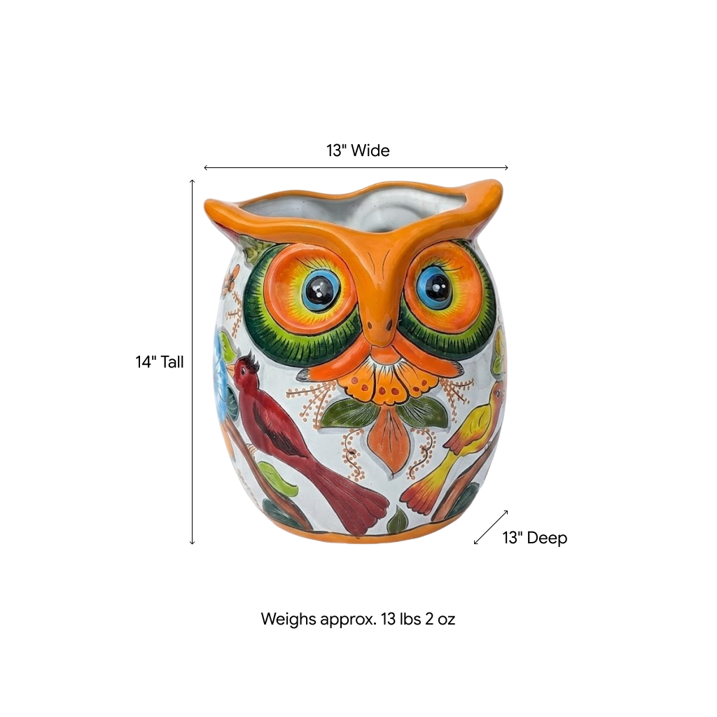 Ceramic Owl Planter is a Gorgeous Talavera Flower Pot Bursting with Birds & Color | Use as Outdoor Garden Decor | 14" Tall