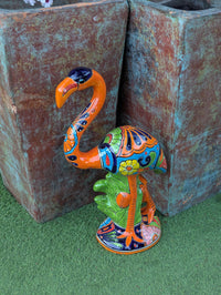 Flamingo Talavera Garden Sculpture | Ceramic Mexican Art Handmade Pottery | Orange Lawn Ornament
