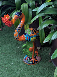 Flamingo Talavera Garden Sculpture | Ceramic Mexican Art Handmade Pottery | Orange Lawn Ornament