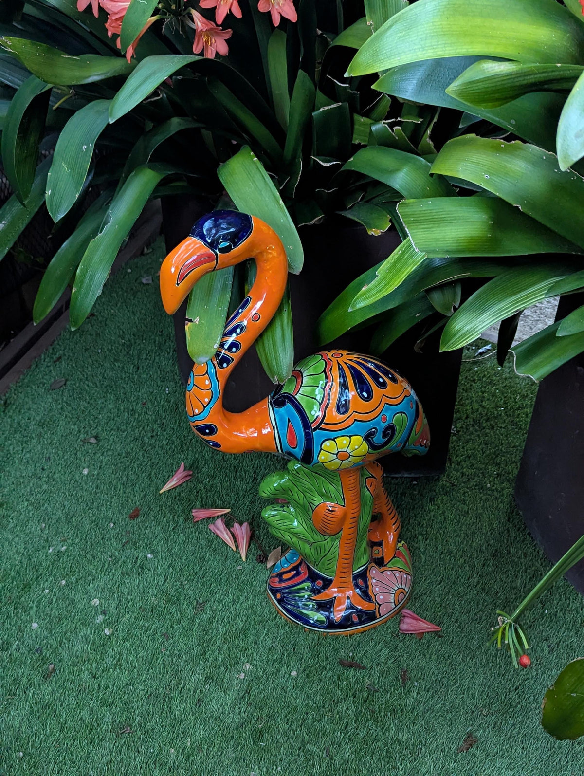 Flamingo Talavera Garden Sculpture | Ceramic Mexican Art Handmade Pottery | Orange Lawn Ornament