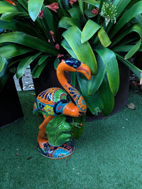 Flamingo Talavera Garden Sculpture | Ceramic Mexican Art Handmade Pottery | Orange Lawn Ornament