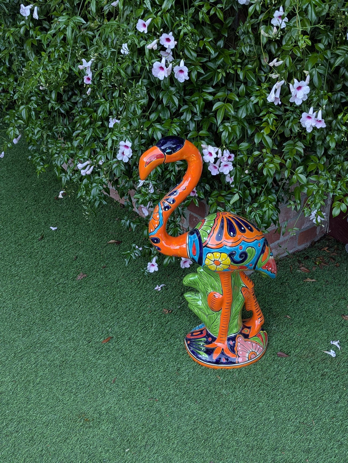Flamingo Talavera Garden Sculpture | Ceramic Mexican Art Handmade Pottery | Orange Lawn Ornament