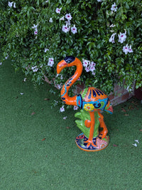 Flamingo Talavera Garden Sculpture | Ceramic Mexican Art Handmade Pottery | Orange Lawn Ornament