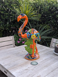 Flamingo Talavera Garden Sculpture | Ceramic Mexican Art Handmade Pottery | Orange Lawn Ornament