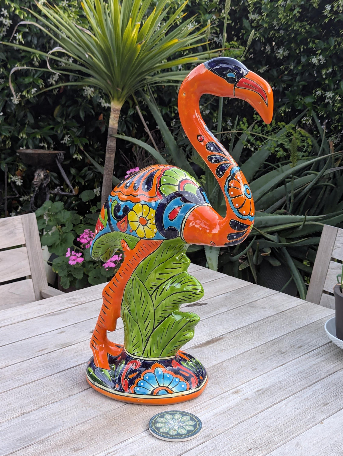 Flamingo Talavera Garden Sculpture | Ceramic Mexican Art Handmade Pottery | Orange Lawn Ornament